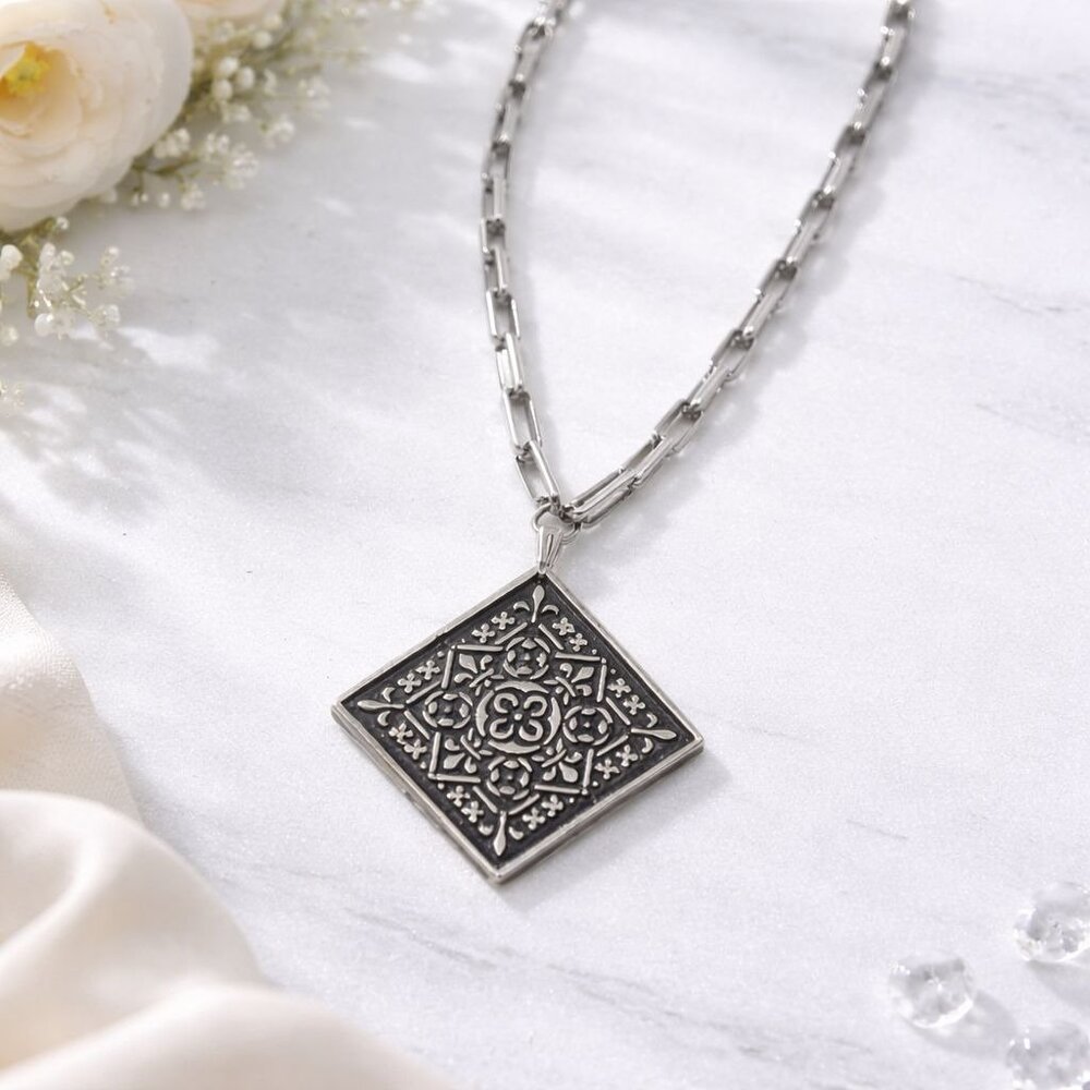 Vintage Geometric Medallion Silver Chain Necklace Intricate Detailed Pendant
